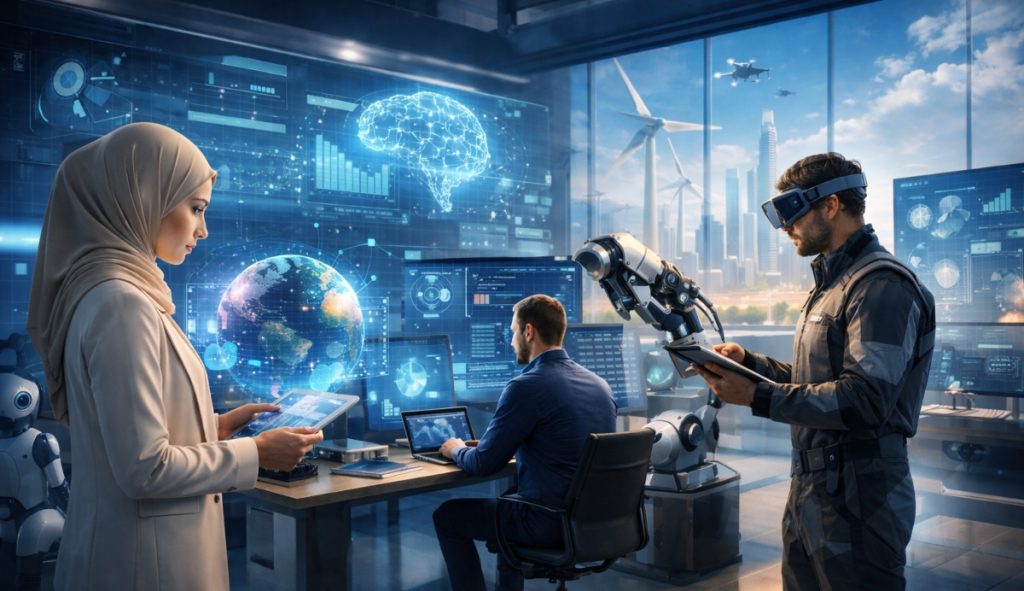 AI-powered futuristic office illustrating future job opportunities in 2030.