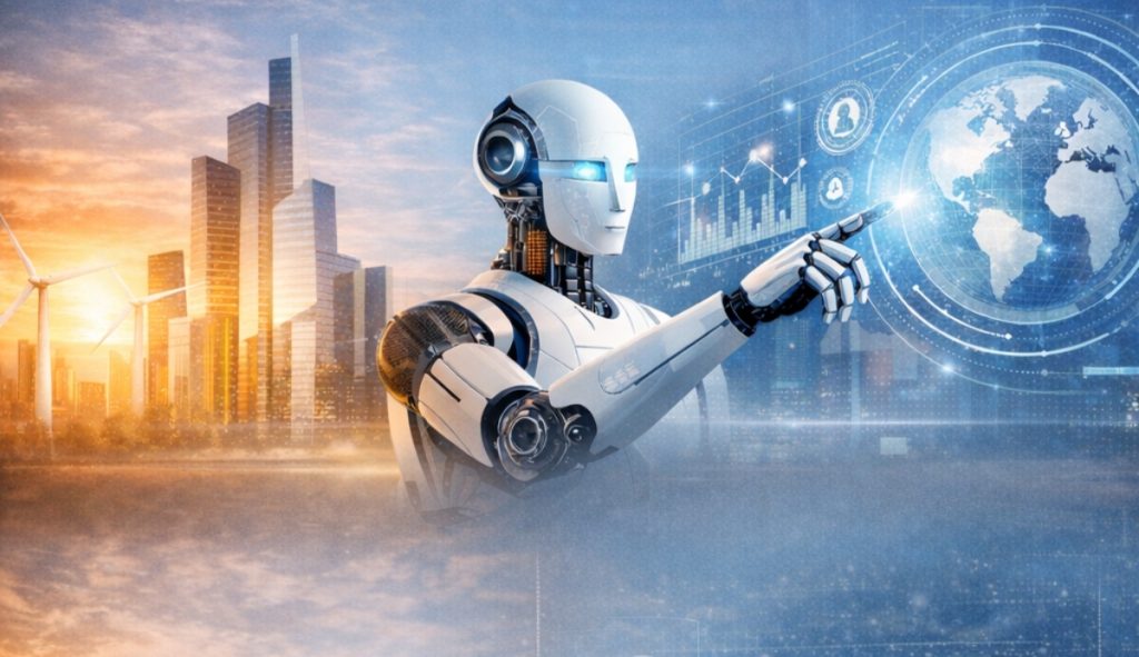 Future Jobs 2030 illustration showing AI and digital workforce transformation.