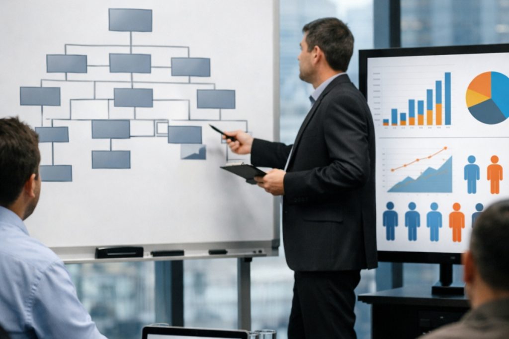 Organizational chart showing job classification structure and different job roles within a company.