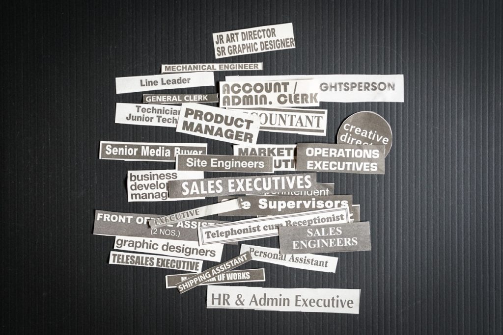 Different job titles representing various professional roles within a modern workplace.