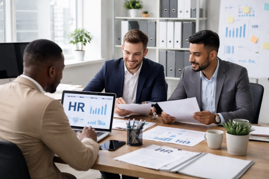 Human resources jobs team meeting in a modern office discussing recruitment and HR strategy