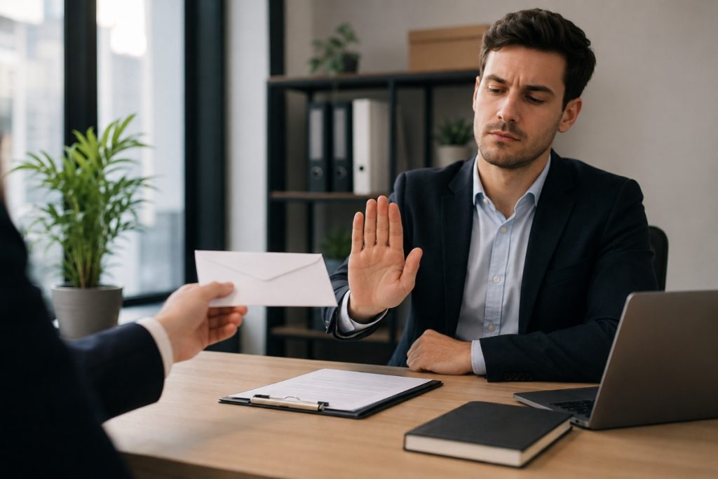 رفض عرض العمل من قبل مرشح خلال اجتماع توظيف داخل مكتب حديث