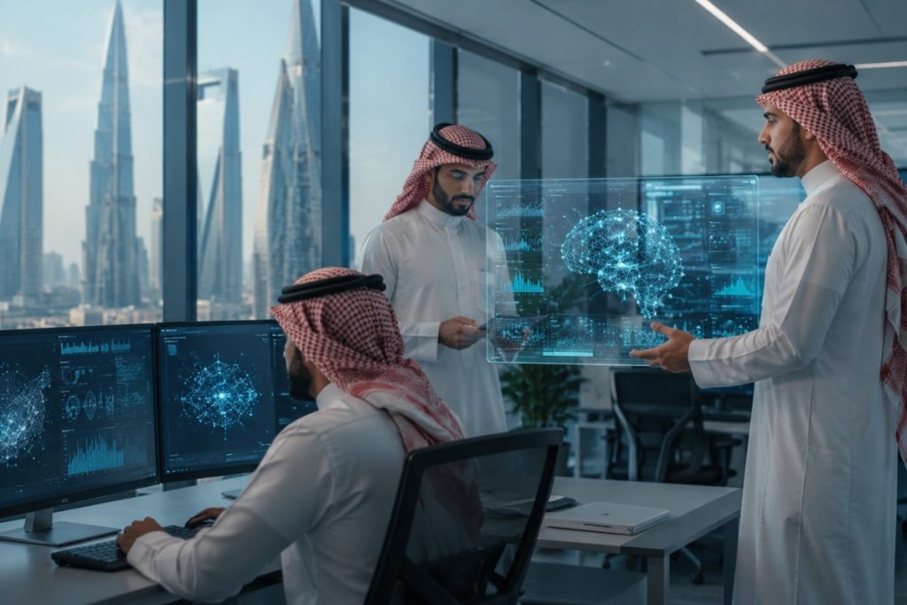 وظائف الذكاء الاصطناعي ، مهندسي ذكاء اصطناعي وعلماء بيانات يعملون على تطوير نماذج التعلم الآلي وتحليل البيانات في بيئة تقنية حديثة.