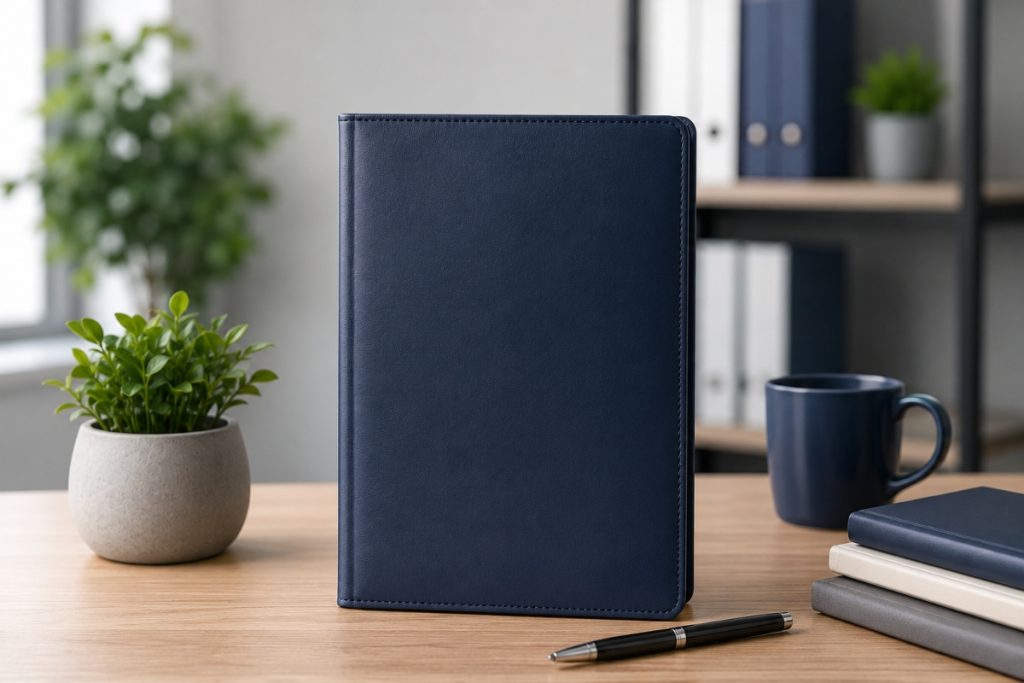 HR manager reviewing an employee handbook document at a desk