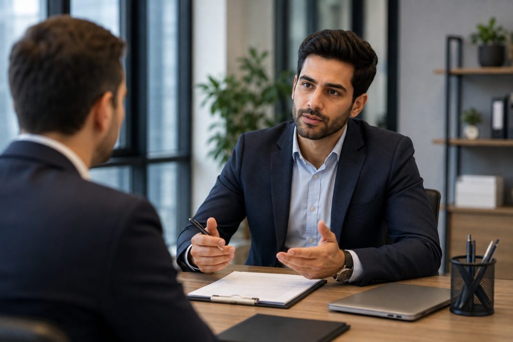 Job candidate confidently discussing expected salary during a job interview