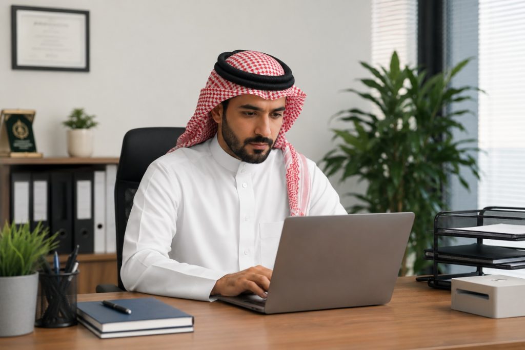 An employee sitting at their desk in front of a laptop in an office work environment during the probation period at work
