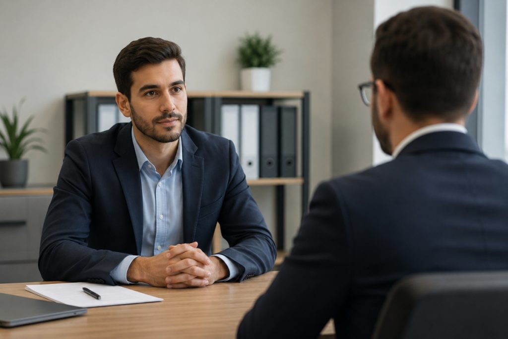 موظف يجلس مع مدير توظيف خلال مقابلة عمل للإجابة عن سؤال لماذا تركت وظيفتك السابقة.