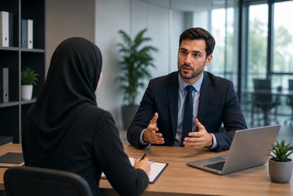 Hiring manager interviewing a leadership candidate to assess leadership skills during the recruitment process.