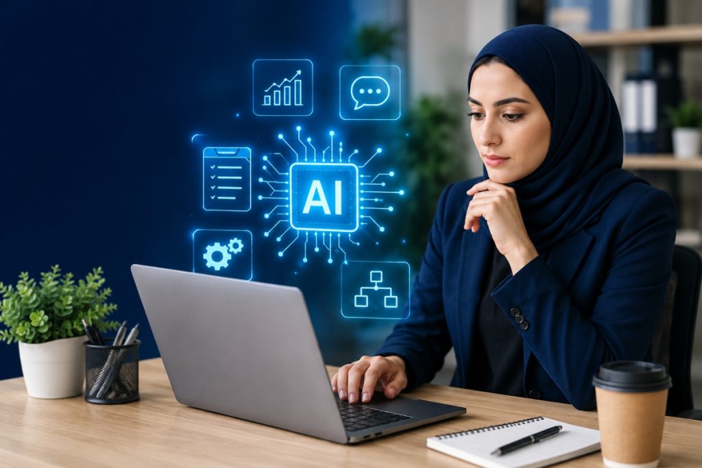 Professional using AI tools on a laptop in a modern office workplace