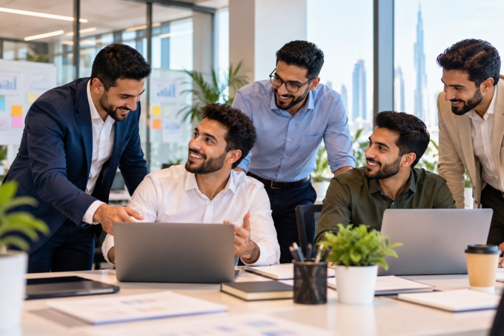 فريق عمل متعاون في مكتب حديث يعكس العلامة التجارية لصاحب العمل