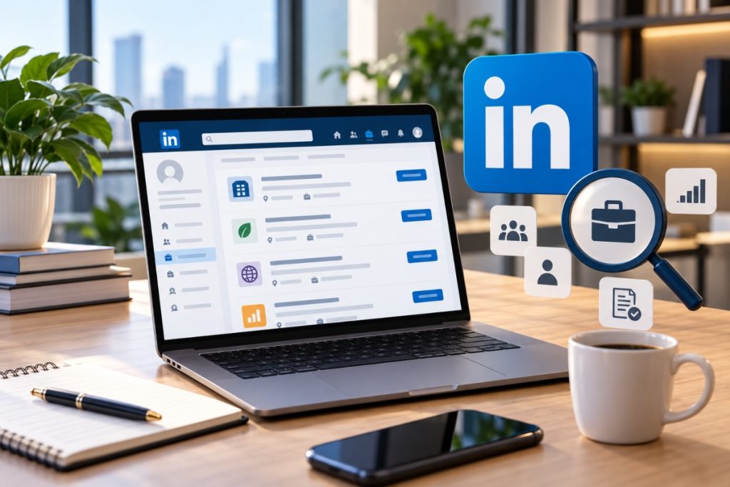 Job seeker searching for a job on LinkedIn using a laptop